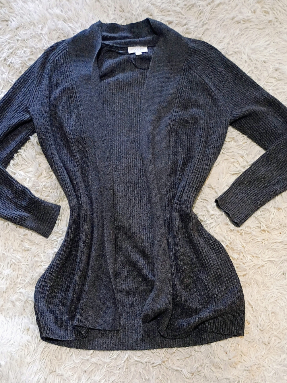 LOFT Dark Gray Ribbed Open-Front Cardigan